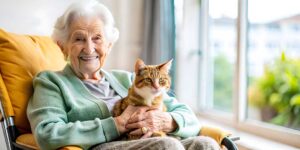 Caregiver reviews a personalized care plan with an older resident at a bright assisted living table.